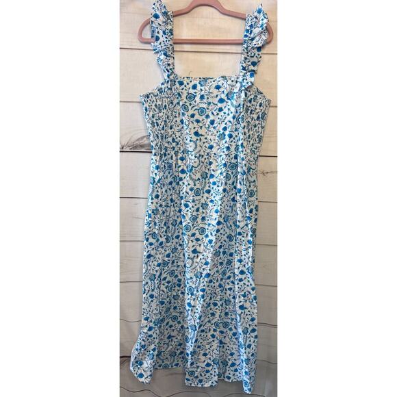 Draper James Floral Print Smocked Side Midi Blue White Flutter Strap Dress XXL - Picture 7 of 7